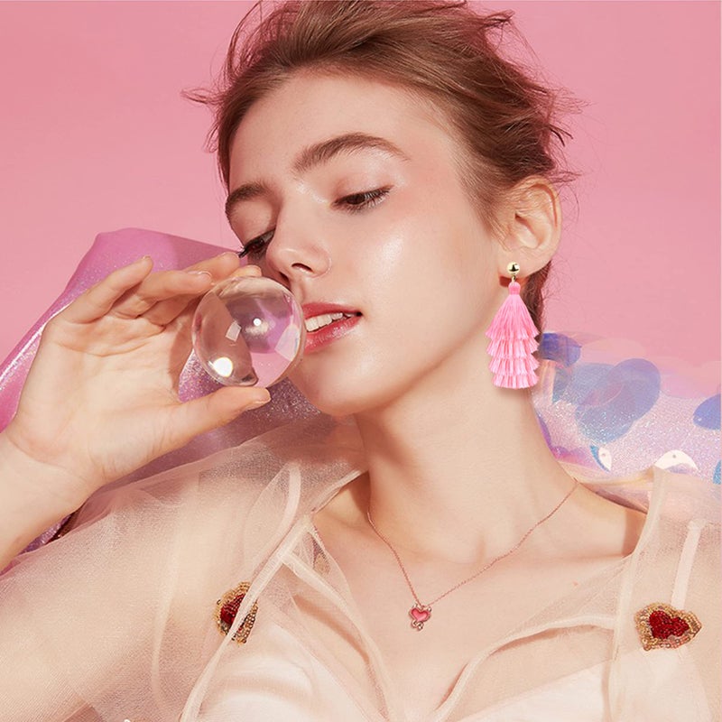 LOYALLOOK 4-Pair Fan Shape Drop Earrings - Long Thread Tassel, Bohemian Fringe, Handmade - Pink - Image 5